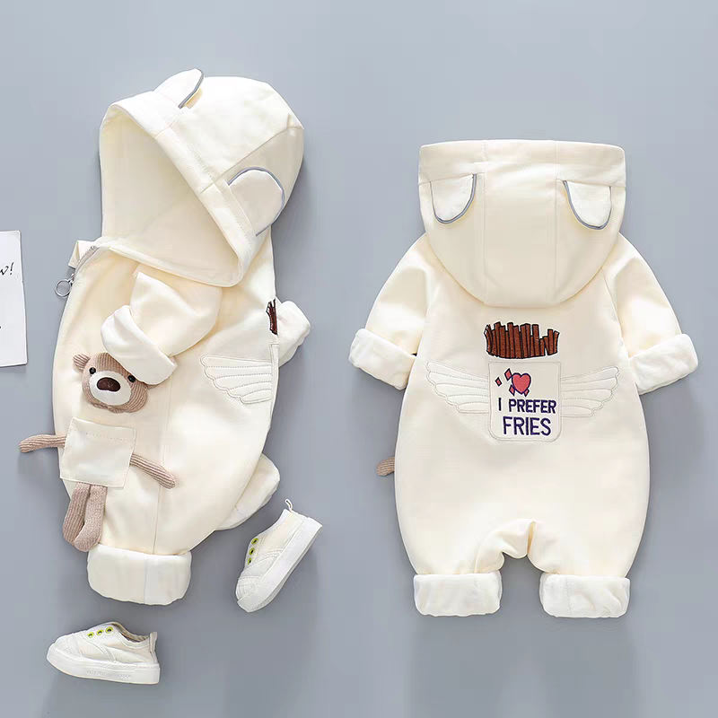 Hooded Baby Romper with Teddy Pocket β Warm & Whimsical Style