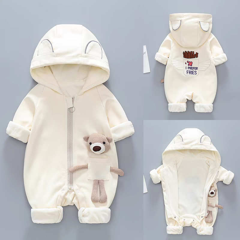 Hooded Baby Romper with Teddy Pocket β Warm & Whimsical Style