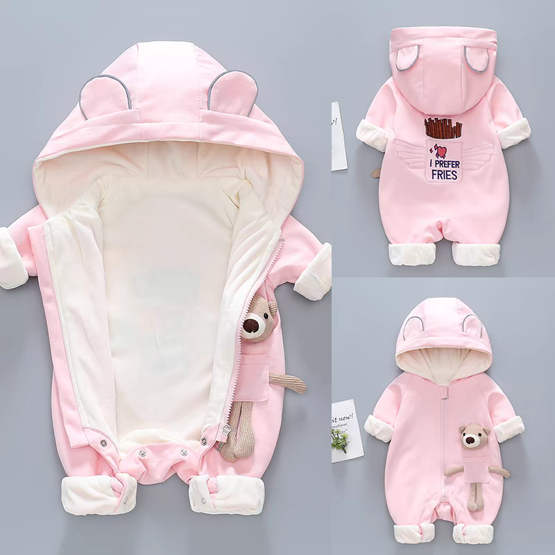 Hooded Baby Romper with Teddy Pocket β Warm & Whimsical Style