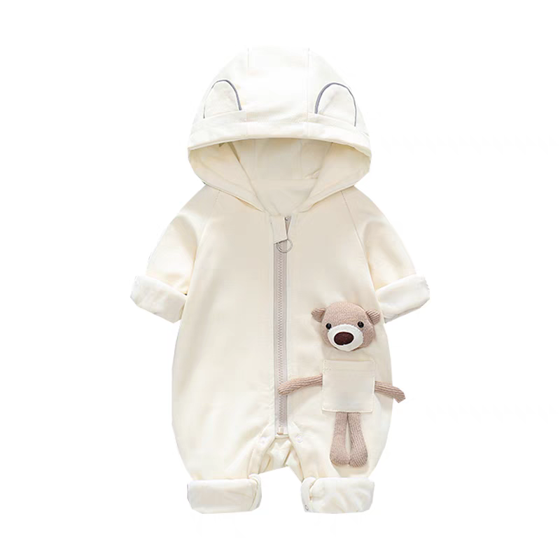 Hooded Baby Romper with Teddy Pocket β Warm & Whimsical Style