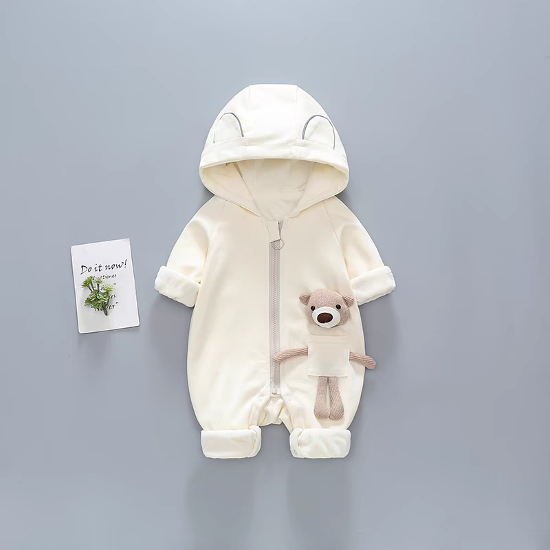 Hooded Baby Romper with Teddy Pocket β Warm & Whimsical Style