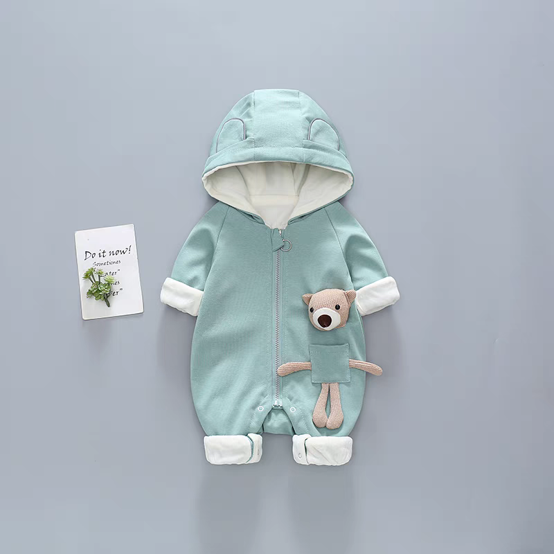 Hooded Baby Romper with Teddy Pocket β Warm & Whimsical Style