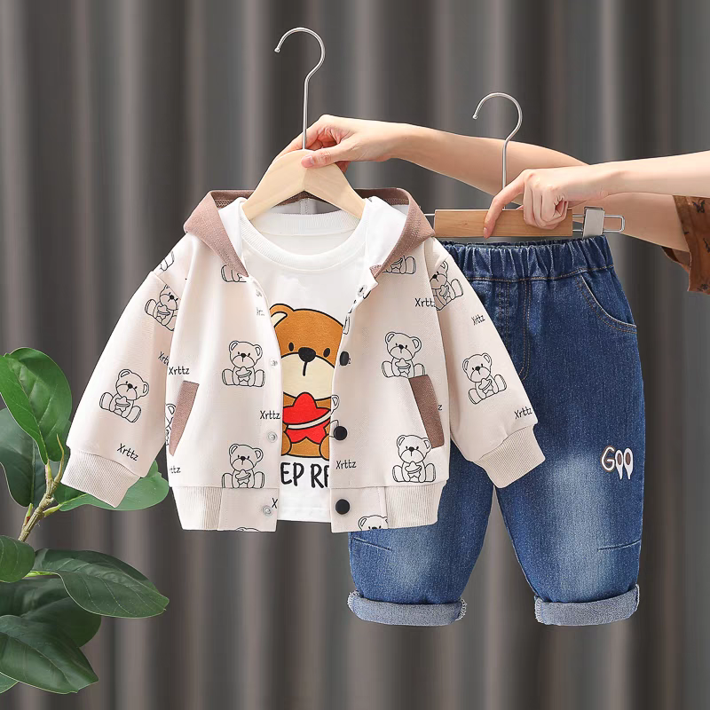 🧸 Cute Bear Print 3-Piece Kids Outfit Set – Hoodie, T-Shirt & Jeans Combo