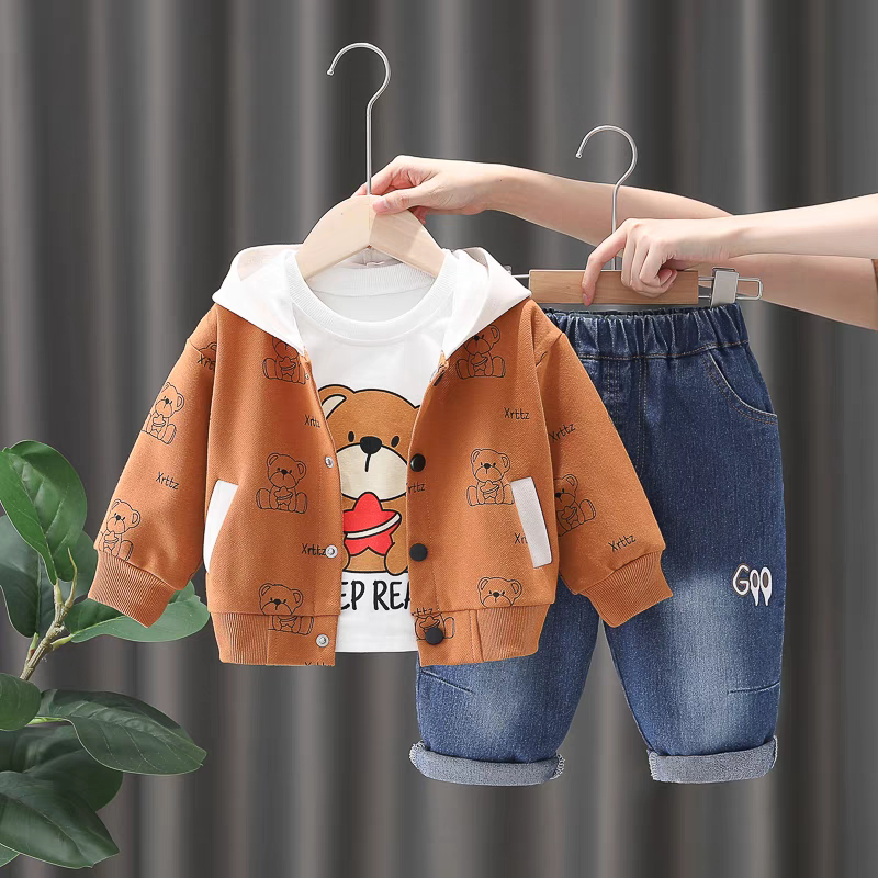 🧸 Cute Bear Print 3-Piece Kids Outfit Set – Hoodie, T-Shirt & Jeans Combo