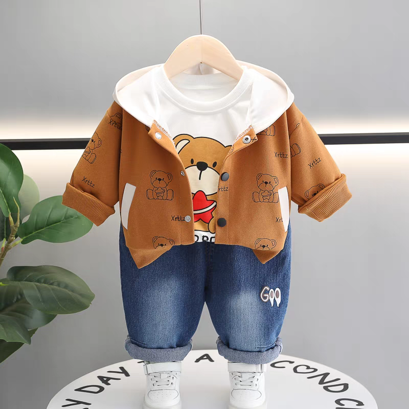 🧸 Cute Bear Print 3-Piece Kids Outfit Set – Hoodie, T-Shirt & Jeans Combo