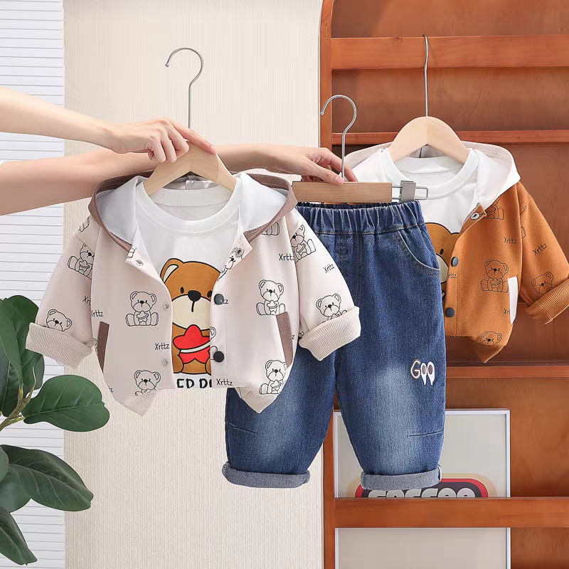 🧸 Cute Bear Print 3-Piece Kids Outfit Set – Hoodie, T-Shirt & Jeans Combo