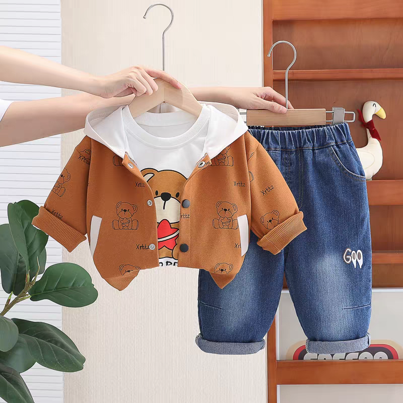 🧸 Cute Bear Print 3-Piece Kids Outfit Set – Hoodie, T-Shirt & Jeans Combo
