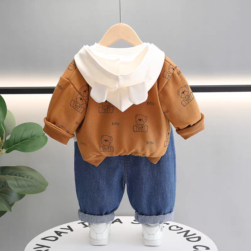 🧸 Cute Bear Print 3-Piece Kids Outfit Set – Hoodie, T-Shirt & Jeans Combo