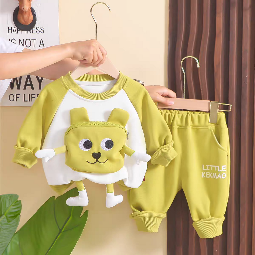 🐻 Fun Cartoon Face Kids Co-ord Set – Soft Sweatshirt & Jogger Pants