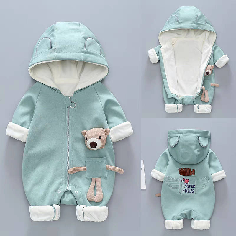 Hooded Baby Romper with Teddy Pocket – Warm & Whimsical Style