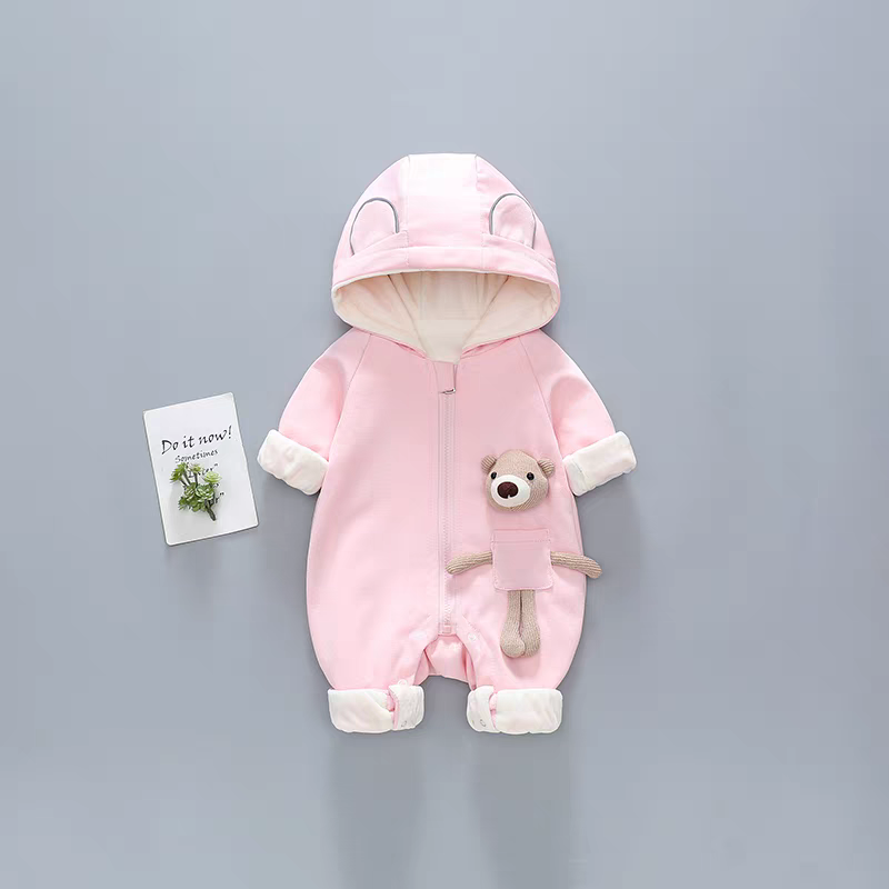Hooded Baby Romper with Teddy Pocket – Warm & Whimsical Style
