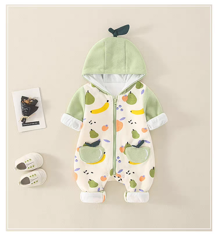 Fruity Fun Hooded Baby Romper – Leaf Cap Design & Colorful Prints