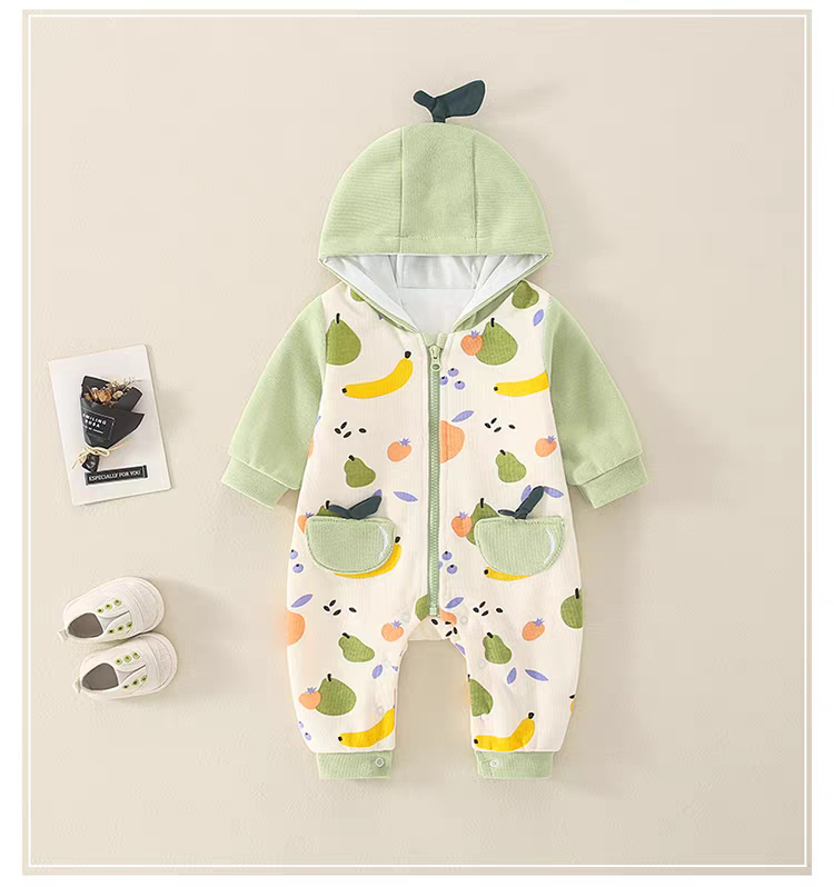 Fruity Fun Hooded Baby Romper – Leaf Cap Design & Colorful Prints