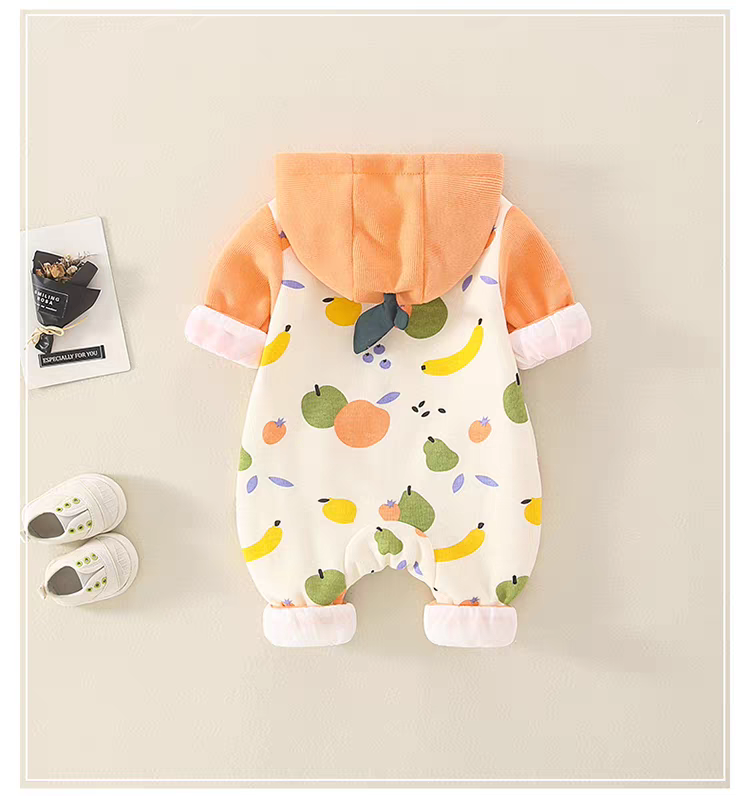 Fruity Fun Hooded Baby Romper – Leaf Cap Design & Colorful Prints