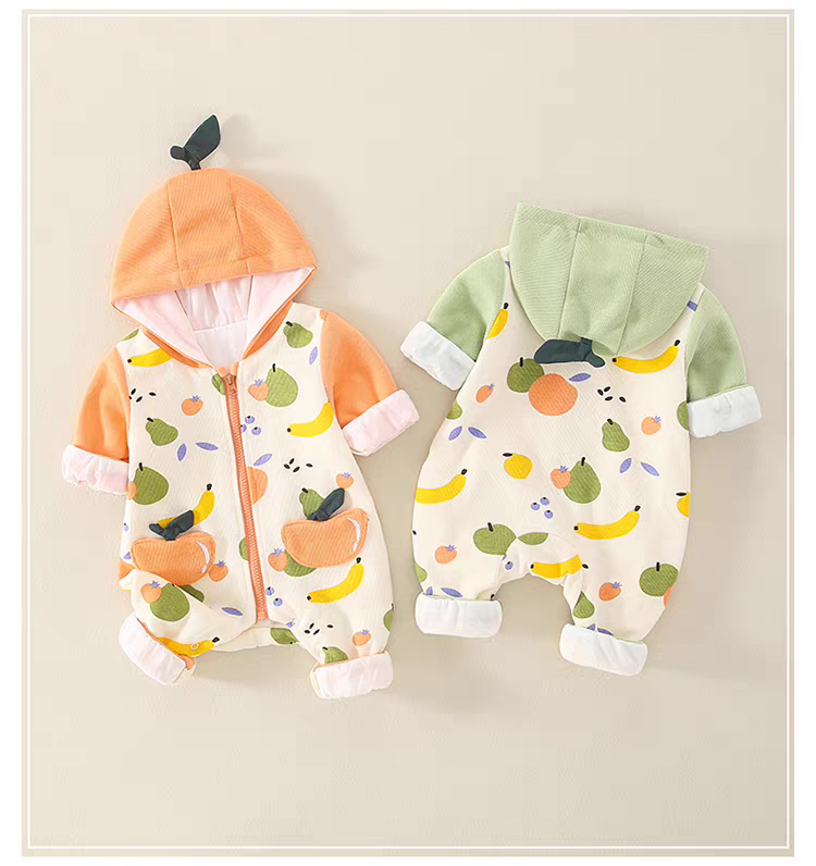 Fruity Fun Hooded Baby Romper – Leaf Cap Design & Colorful Prints