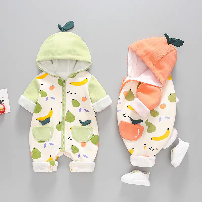 Fruity Fun Hooded Baby Romper – Leaf Cap Design & Colorful Prints