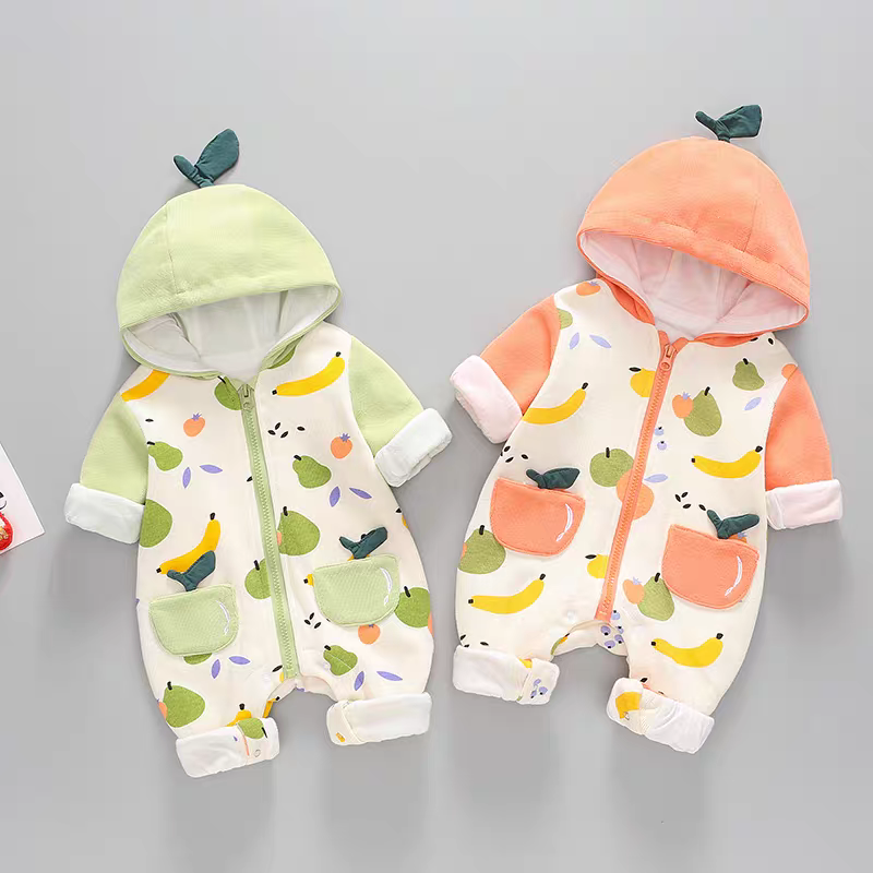 Fruity Fun Hooded Baby Romper – Leaf Cap Design & Colorful Prints