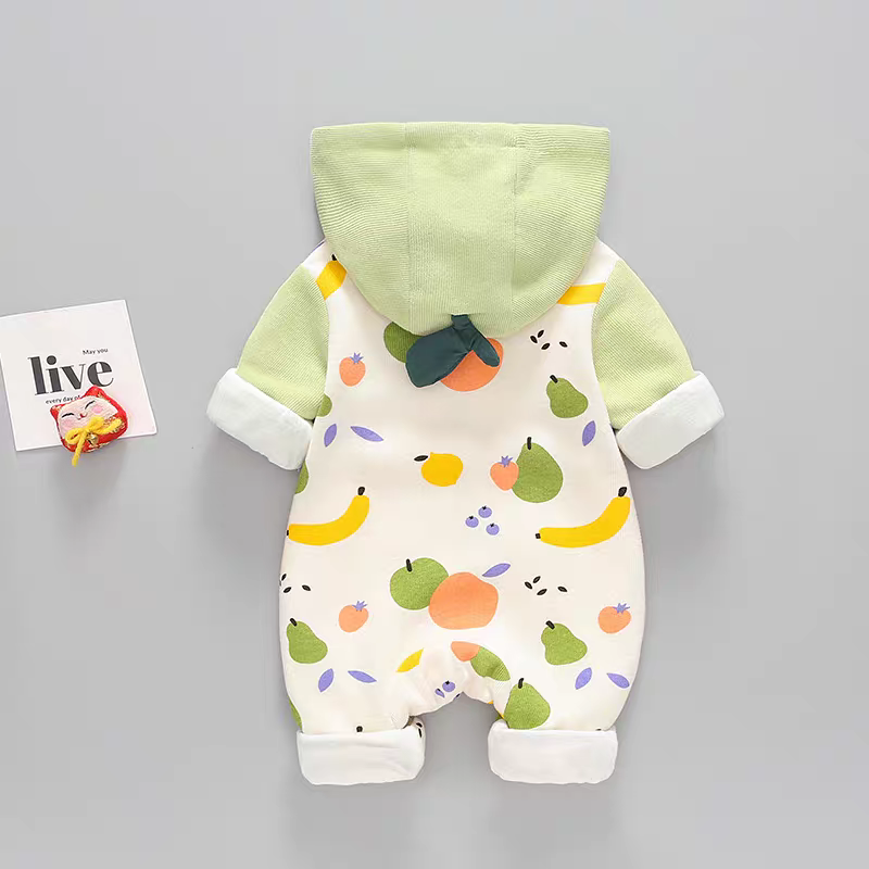 Fruity Fun Hooded Baby Romper – Leaf Cap Design & Colorful Prints