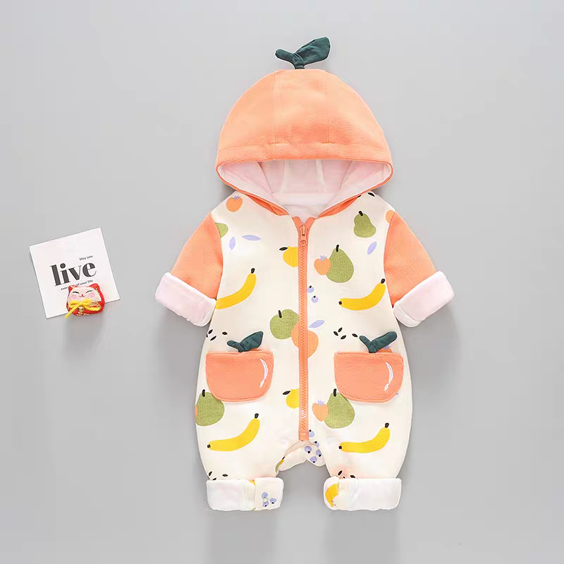 Fruity Fun Hooded Baby Romper – Leaf Cap Design & Colorful Prints