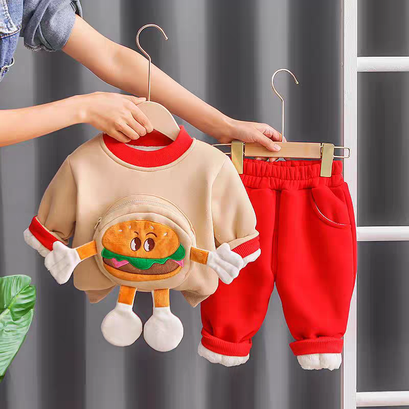 🌟👶 Fun Burger Character Kids Tracksuit - Soft Fleece Lined Sweatshirt & Pants Set for Little Ones!