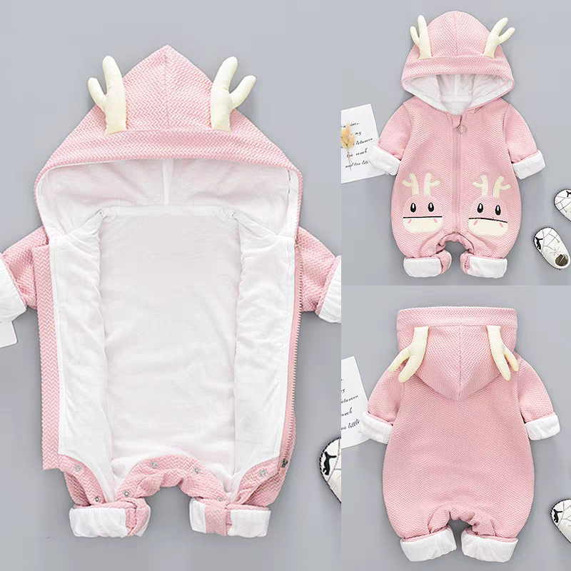 ✨🍼 Cute Antlered Hooded Baby Jumpsuit - Soft & Playful Infant Romper with Deer Face Applique